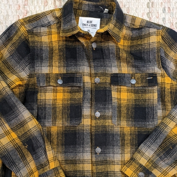 Only & Sons Mens XL Black & Yellow Over shirt/Plaid Jacket With Metal Buttons - Picture 2 of 7